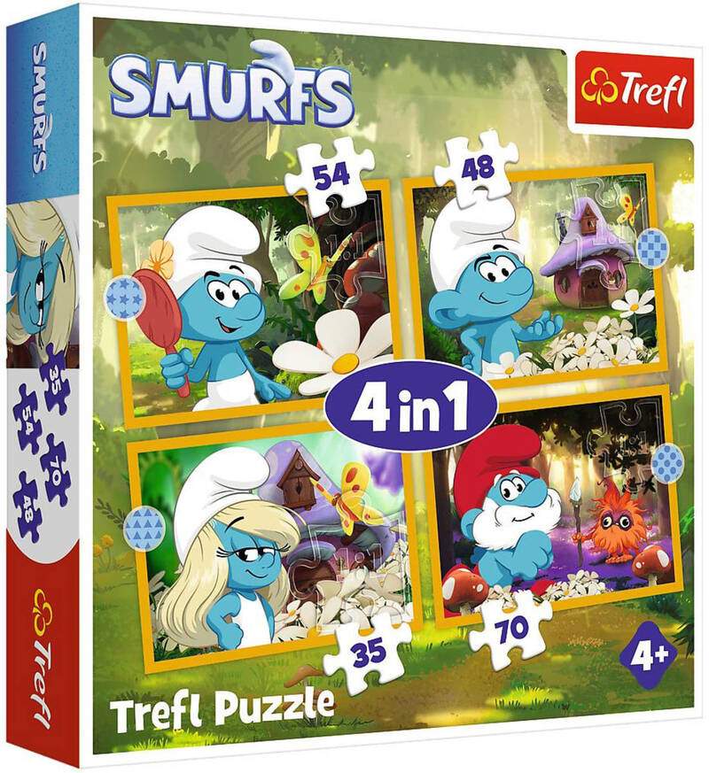 TREFL PUZZLE 4v1 Život v Šmolej dedine 29x21cm 35-70 dielikov skladačka