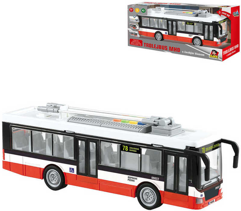 Trolejbus MHD český na zotrvačník hlási stanice na batérie Svetlo Zvuk CZ