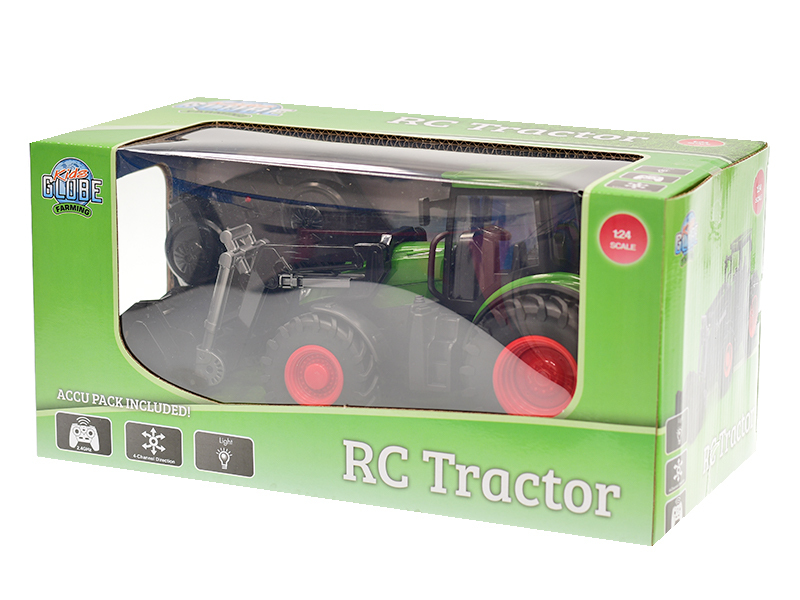 Kids Globe Farming R/C traktor zelený 27cm s nakladačom na batérie so svetlom 2,4GHz v krabičke